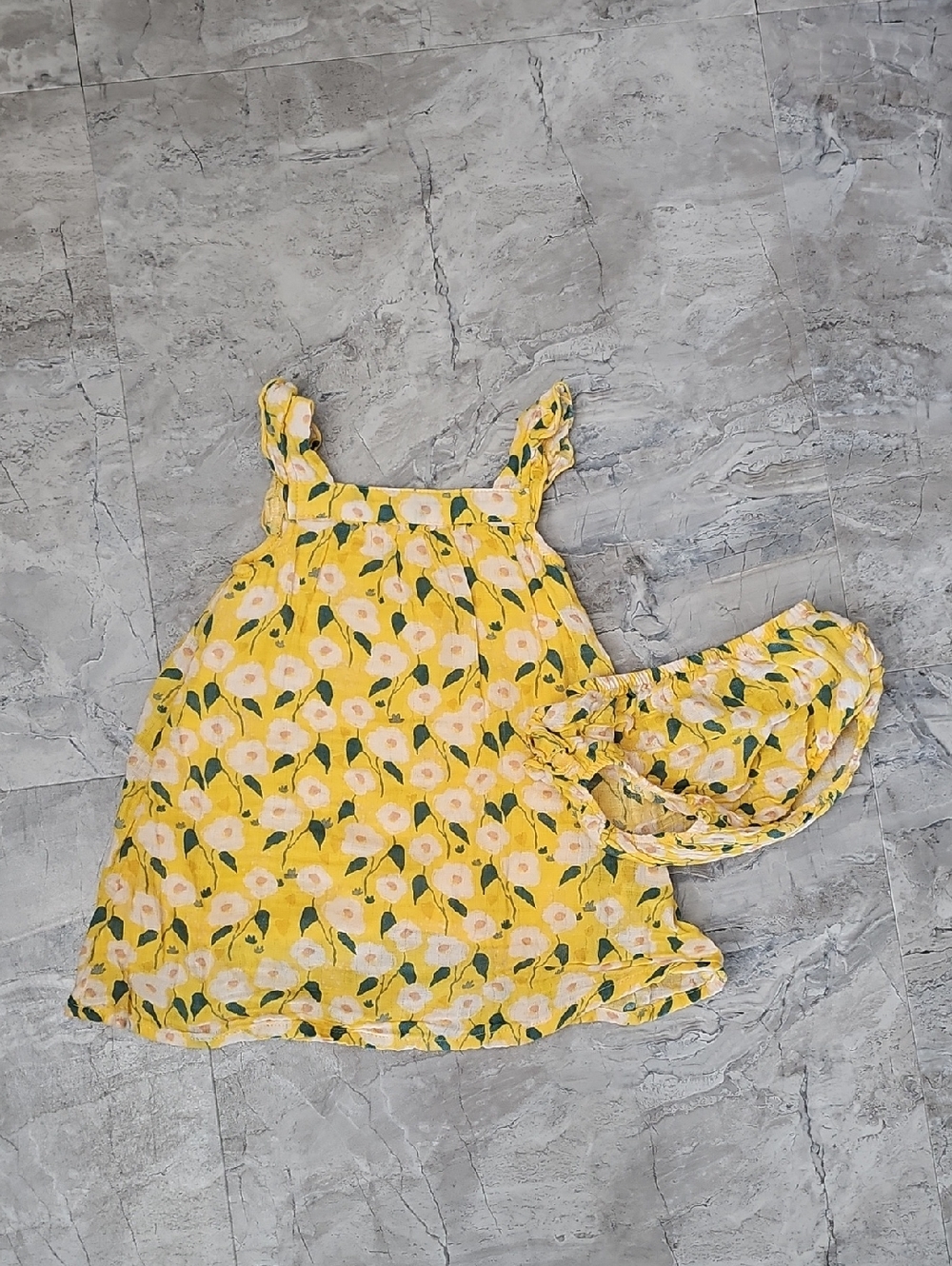 Angel Dear Yellow Floral Sundress with Green Leaf Print and White Flowers